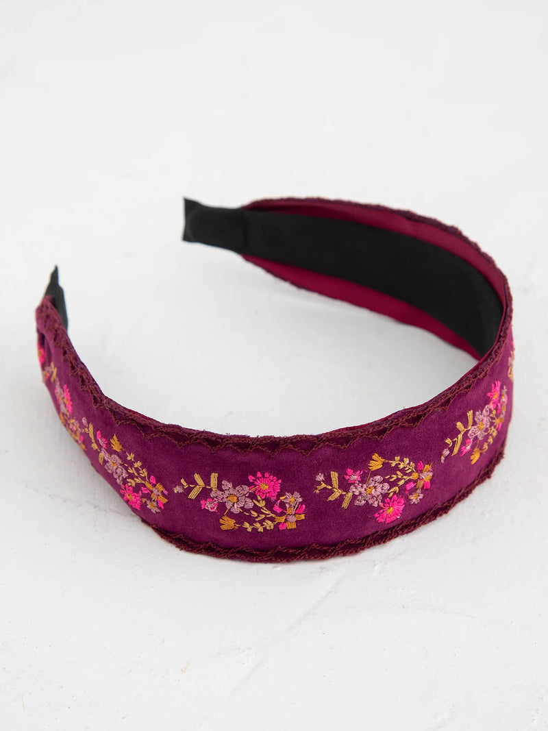 Embroidered Velvet Headband - Magenta