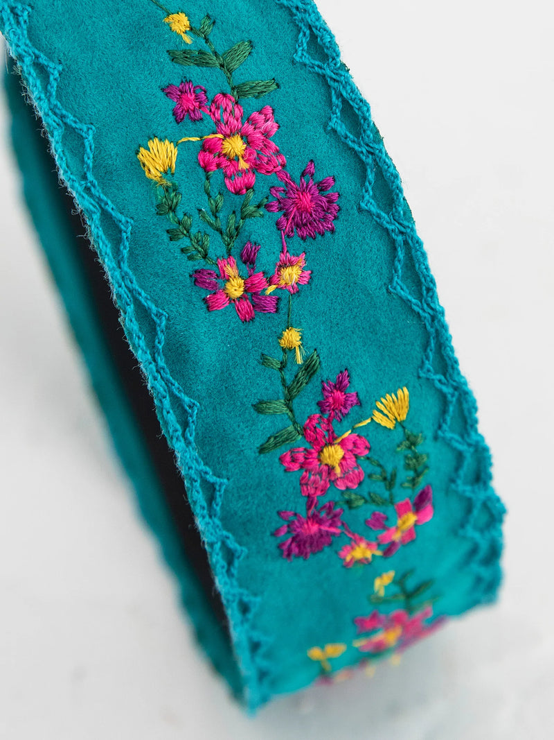 Embroidered Velvet Headband - Turquoise