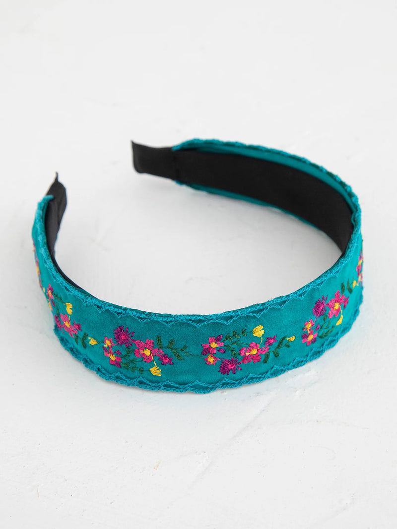 Embroidered Velvet Headband - Turquoise