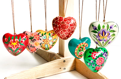 Hand Painted Himalayan Papier-Mâché Heart Ornaments