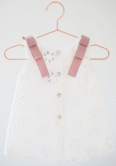 Baptismal Dress - White Floral Eyelets w/ Decorative Mauve Bows - 6mo