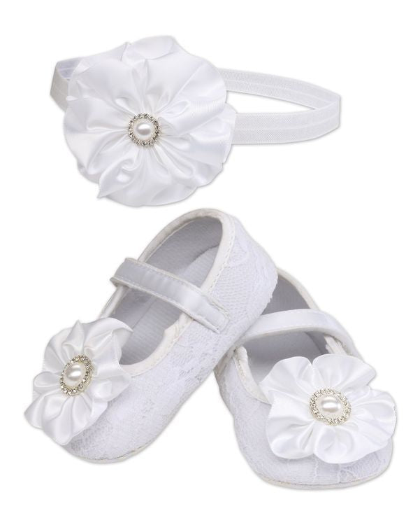 Baptism Shoe & Headband Set - White