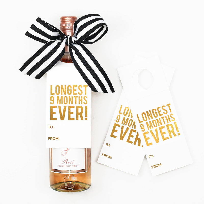 “Longest 9 Months Ever” Wine Tag + Ribbon - New Baby Gift Kit - 3pk