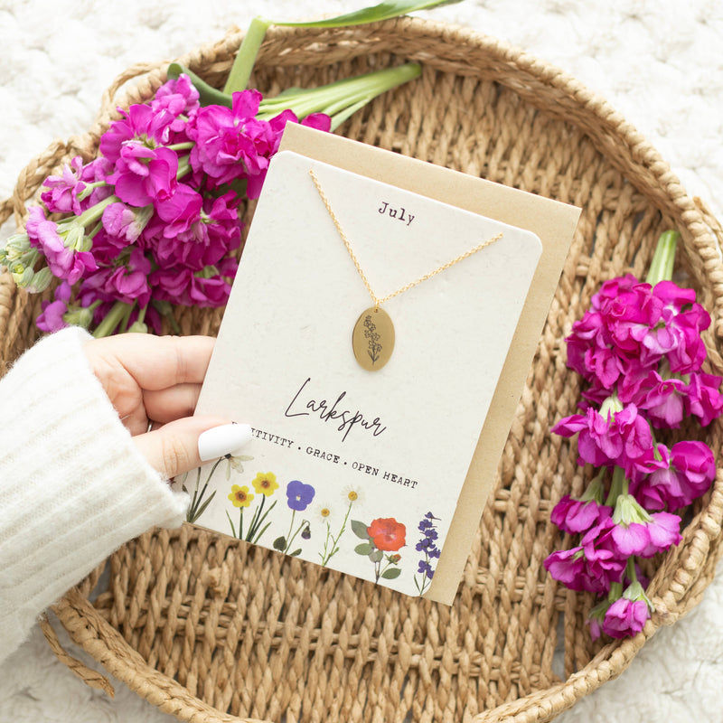 July: Larkspur Birth Flower Necklace on Greeting Card