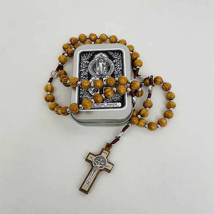 ST. BENEDICT Wooden Rosary With Metal Tin