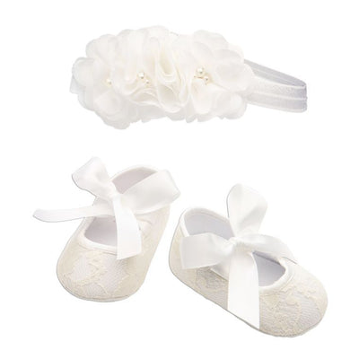 Baptism Shoe & Headband Set - Ivory Lace