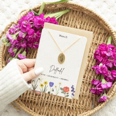 March: Daffodil Birth Flower Necklace on Greeting Card