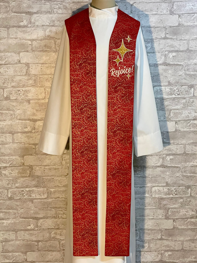 "Rejoice" Pastor Stole - Red with Gold Swirls