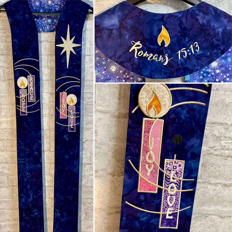 "Ignited Love" Pastor Stole - Purple with Traditional Candles and  Attachable Flames