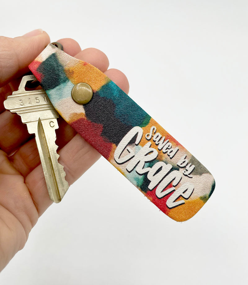 "Saved By Grace" Leather Keychain